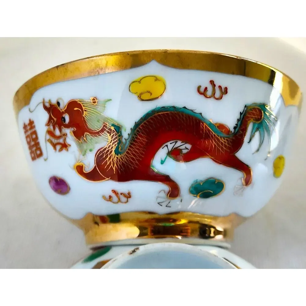Bowls-Rice/Noodle-Chinese Theme-Spoons-Vintage-Gold Trim-Phoenix & Dragon-Set 2 - Picture 11 of 14